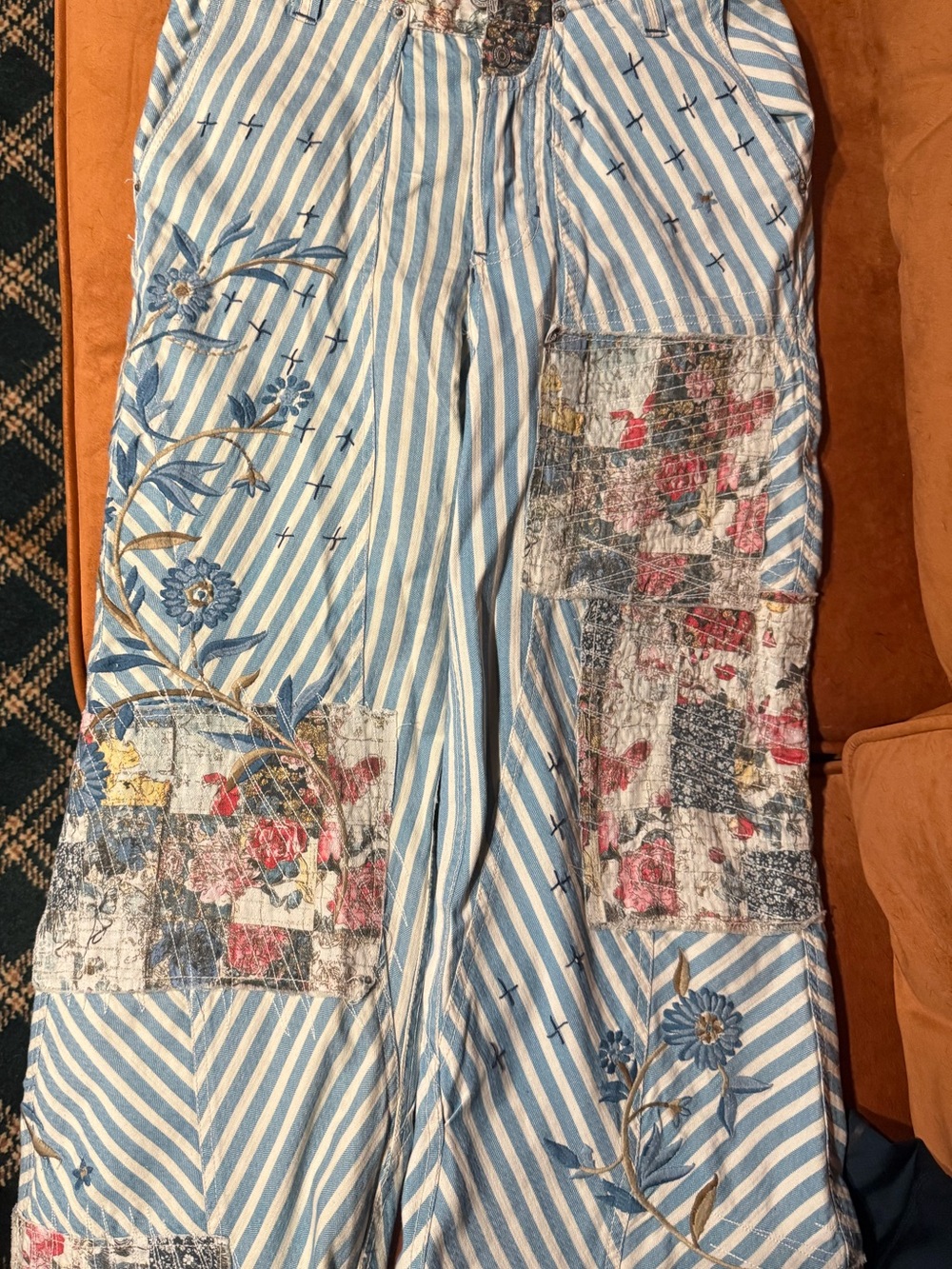Free People Light Blue Striped Wide-Leg Patchwork Jeans - Picture 4 of 6